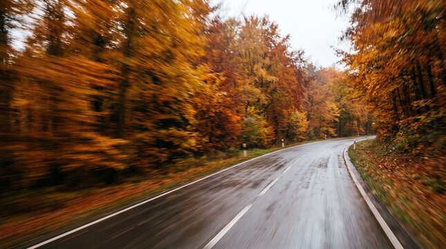 Wet autumn road winding through vibrant orange forest with motion blur effect