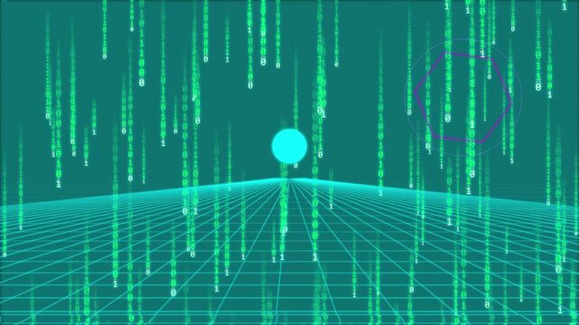 Futuristic digital matrix with falling green binary code and glowing sun on wireframe grid floor