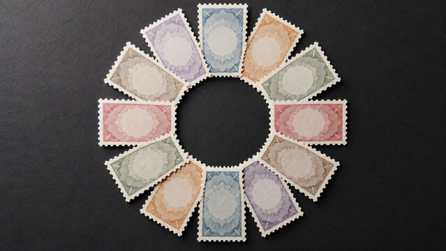 Colorful blank vintage postage stamps arranged in a circular frame with copy space over dark textured background