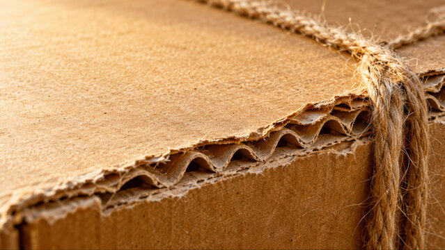 Close up of corrugated cardboard box edge tied with rough jute twine under warm sunlight showing paper texture and fluting detail