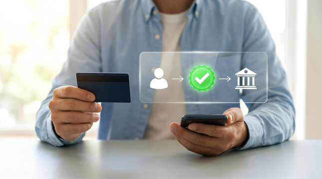 Man making secure online payment with credit card and smartphone at desk