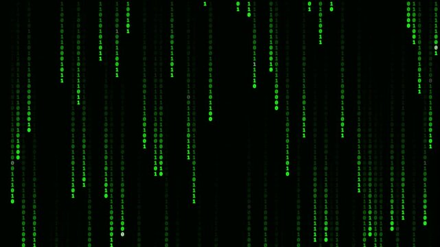 Abstract Green Binary Code Falling Down On Black Screen For Cyber Security Technology Concept