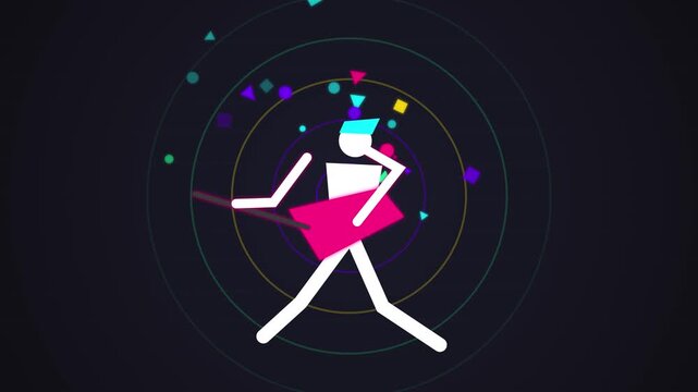 Colorful animated stick figure playing neon pink electric guitar with floating geometric motion graphics background