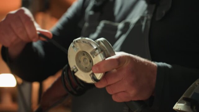 Close up view of hands adjusting angle grinder focusing on tool manipulation in workshop setting. Hands are shown handling power tool with visible mechanical details and surrounding warm