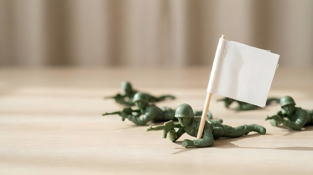 Toy soldiers laid down beside a small white flag