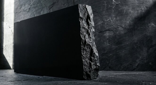 Black stone slab pedestal with rough jagged edge on dark textured surface under dramatic studio light