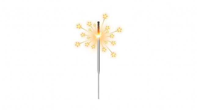 Burning sparkler with glowing star shaped sparks on white background