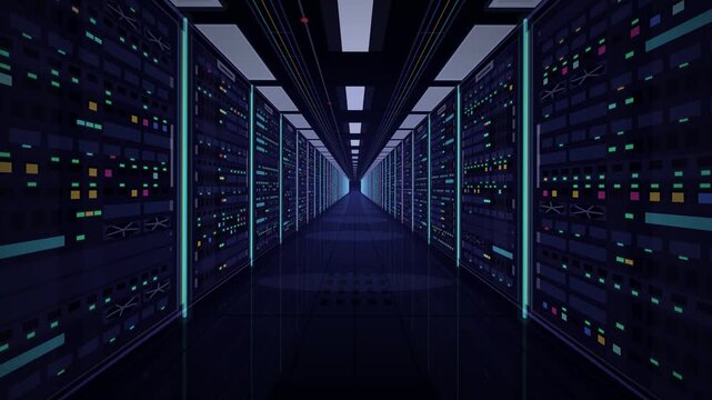 Server Room Corridor with Rows of Blinking Computer Racks and Blue Lights
