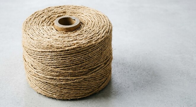 Large brown jute twine spool resting on a light gray surface