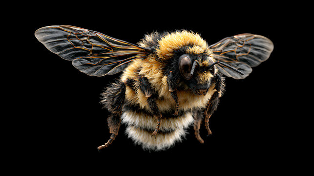 A bumblebee in flight displays outstretched wings against a black background