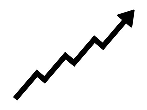Black upward trending arrow icon with zigzag growth line, business growth, financial progress, investment success, and increasing chart symbol, vector illustration isolated on white background