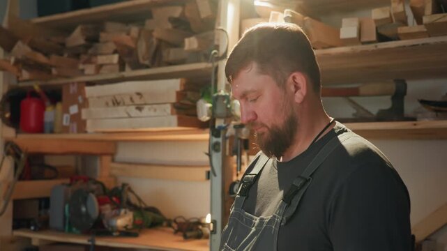 Man inspects hand saw while standing at his workbench surrounded by various carpentry equipment. background shows shelves filled with wood boxes power tools and workshop supplies under warm
