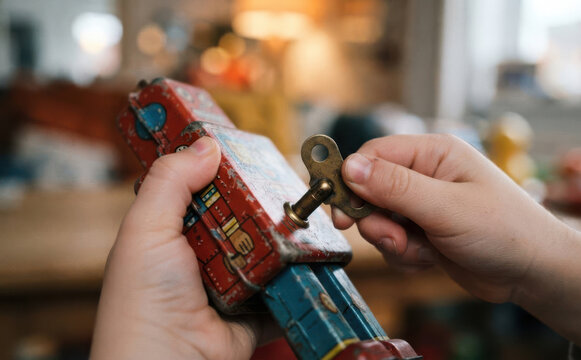 Child winding up a vintage metal wind-up robot toy with a key indoors