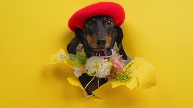 A black and tan dachshund dog wearing a red beret and a wreath of white and pink blossoms pushes through a torn yellow sheet in a studio, a playful nod to springtime romance and French charm.