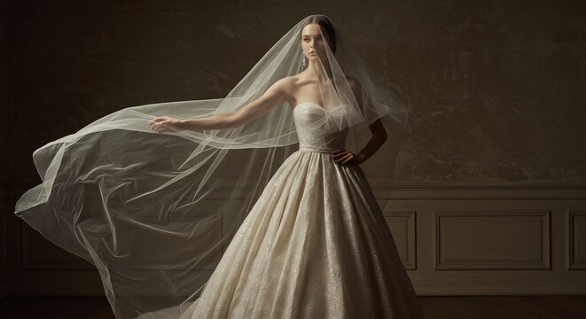 Bridal Elegance: A radiant bride in a flowing wedding gown and veil, captured in a dramatic pose that accentuates her beauty and the ethereal quality of her attire.