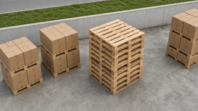 Stacked pallets and cartons occupy outdoor warehouse logistics area. Wooden shipping platforms and sealed boxes form organized loads on concrete beside low wall and grassy verge, ready for handling.