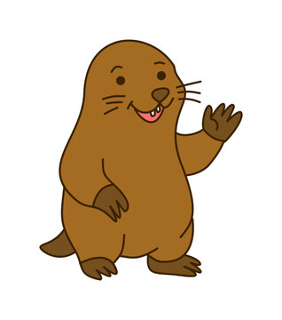 Friendly Brown Mole Character Waving Hand With Happy Smile
