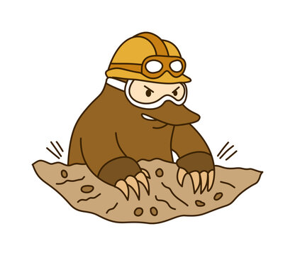 Mole Wearing Helmet And Goggles Emerging From Dirt Mound