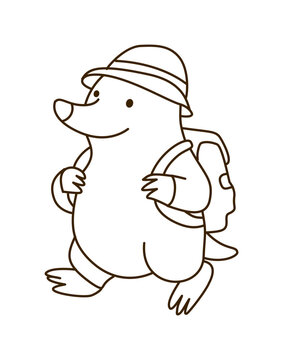 Explorer Mole Walking With Backpack And Safari Hat Outline