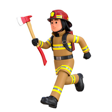 3D Male Firefighter Character Render running with axe