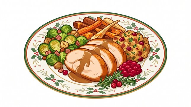 Delicious holiday dinner vector illustration featuring roasted turkey with gravy and vegetables