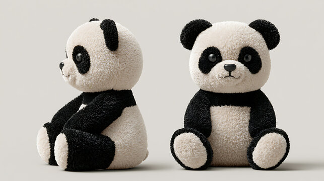 Two panda plush toys displayed in side and front views on a white background