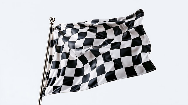 Waving checkered racing flag on a metal pole isolated on transparent background