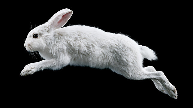 White arctic hare in mid leap isolated on a black background
