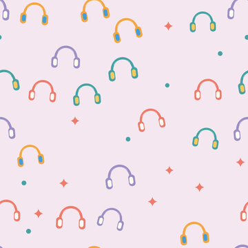 Cute colorful headphones pattern with stars and dots.