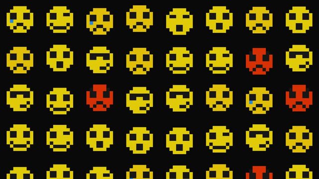 Retro pixel art emoji grid with various yellow and red emoticons on black background
