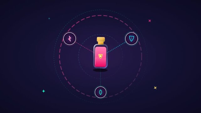 Animated magic potion bottle with glowing orbital rings and power icons