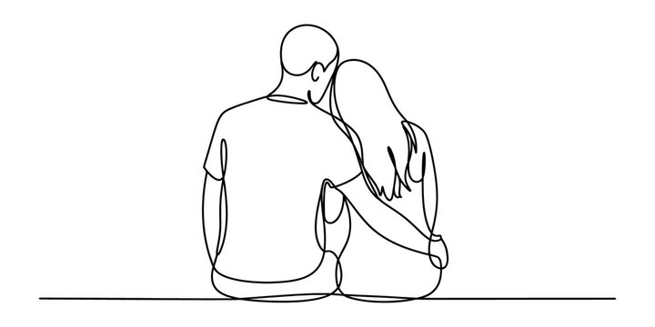 Continuous line drawing of a loving couple sitting together and hugging