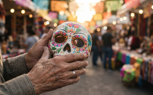 Elderly man holding a painted sugar skull at a traditional outdoor market celebrating Day of the Dead