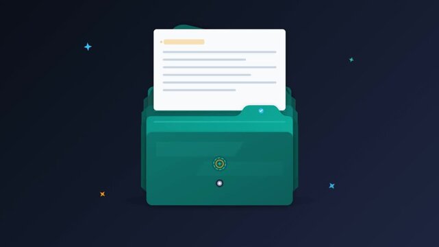 Animated teal file folder opens dynamically with rising documents