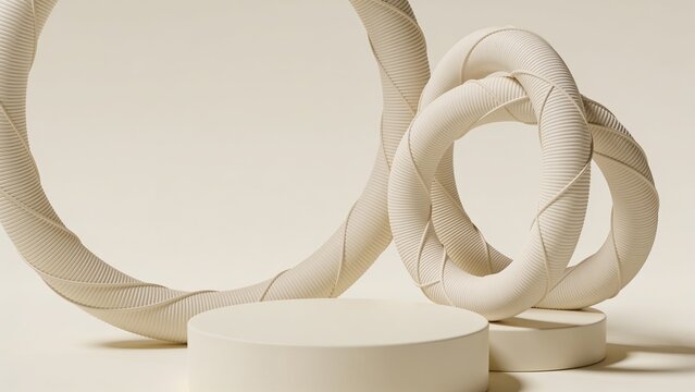 3d rendered podium beside abstract ceramic ring loop sculpture