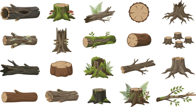 Wood Log and Tree Stump Vector Icon Set Featuring Old Trunks Mossy Stumps Hollow Logs and Forest Timber Elements for Graphic Designs