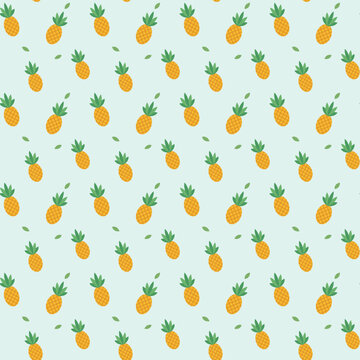 Pineapple pattern with leaves on light blue background.