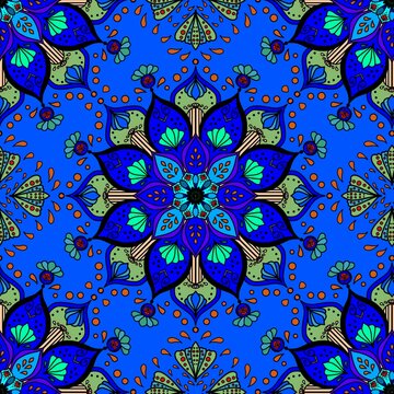 seamless floral pattern
Seamless repeating blue floral mandala pattern on a bright blue background. Indian and ethnic inspired design featuring ornate mandalas in royal blue, teal, mint green and oran