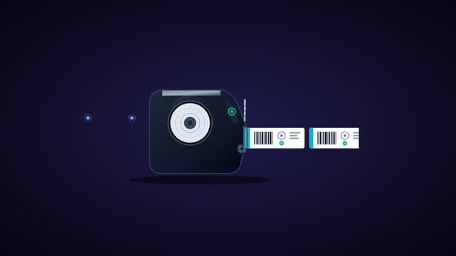 Automated machine printing barcode tags on dark background