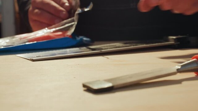 Close up view of hands carefully unpacking red handled woodworking chisels from plastic packaging placing them in order on light wooden workbench. focus remains consistently on precise