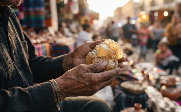 Elderly man holding golden copal resin at a traditional outdoor market representing artisanal goods