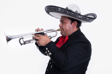 Side Profile Portrait of Male Mariachi Playing Silver Trumpet on White Background © JESSICA