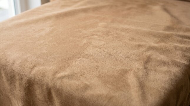 Close-up of soft camel-colored suede blanket or fabric texture