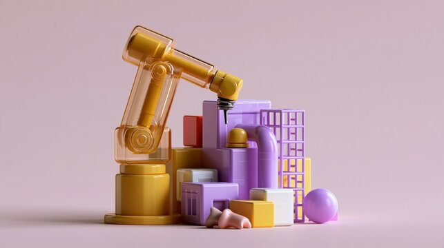 semitransparent yellow robotic manipulator within purple digital architecture