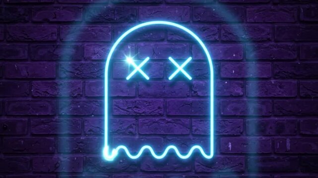 Neon ghost sign with cross eyes on purple brick wall, glowing retro gaming character, blue neon light animation for arcade and gaming backgrounds