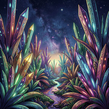 Illustration of a  vibrant, bioluminescent alien jungle thriving on a distant planet, with towering, crystalline flora that pulse with internal light