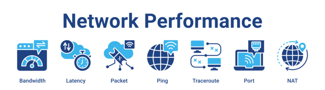 Network Performance web banner icon vector illustration concept for technology with icon of Bandwidth, Latency, Packet, Ping, Traceroute.