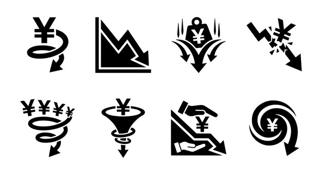 Yen Currency Crisis Icons: Financial Loss, Economic Downturn, Market Crash Symbols