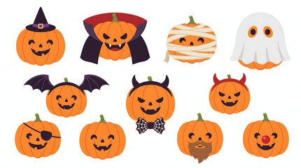 Obraz premium Set of cute Halloween pumpkins wearing spooky costumes and masks for festive celebration