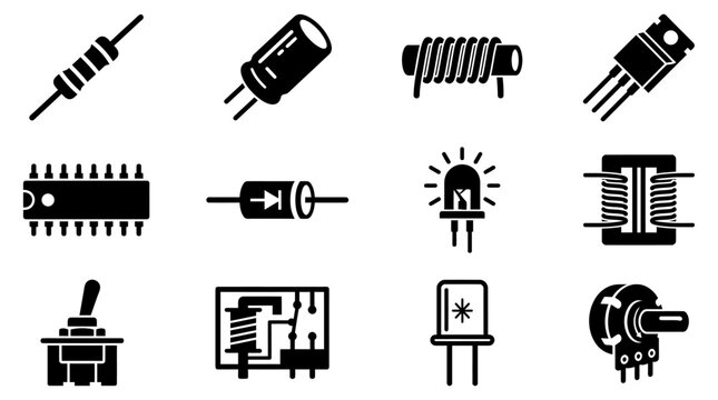 Set of electronic components and circuit board parts icons for engineering and hardware design with electronic components hardware resistor capacitor inductor transistor semiconductor assembly